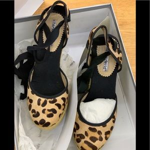 Leopard Cow Hair Strap up Wedges